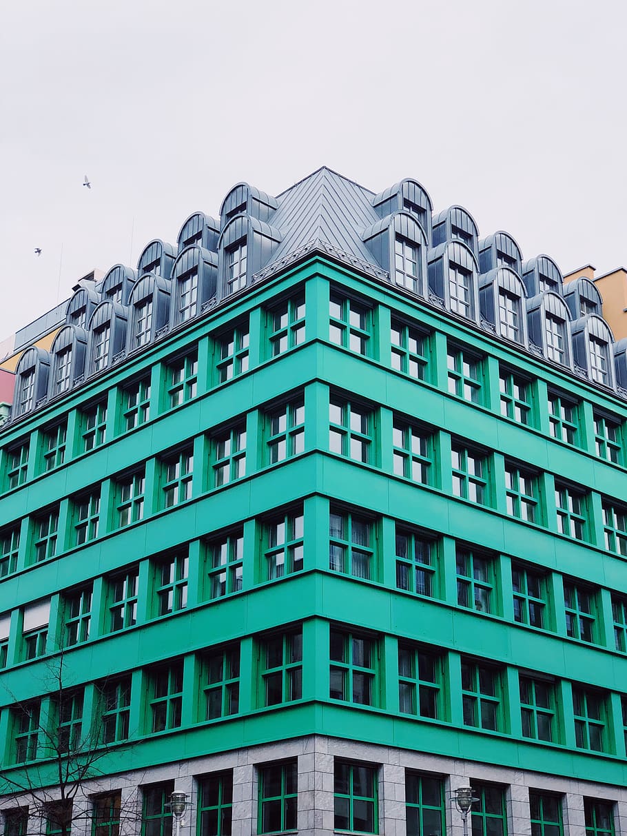 teal and gray concrete building, corner, office building, germany HD wallpaper