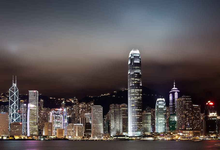 landscape photo of city buildings during night, urban, hong kong
