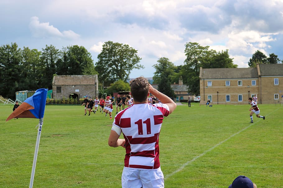 rugby, touchline, flag, red, white, stripes, black, sport, real people HD wallpaper
