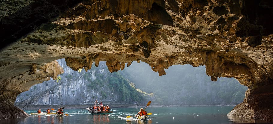 vietnam, bat cave, kayak, tourism, landscape, halong bay, water, HD wallpaper