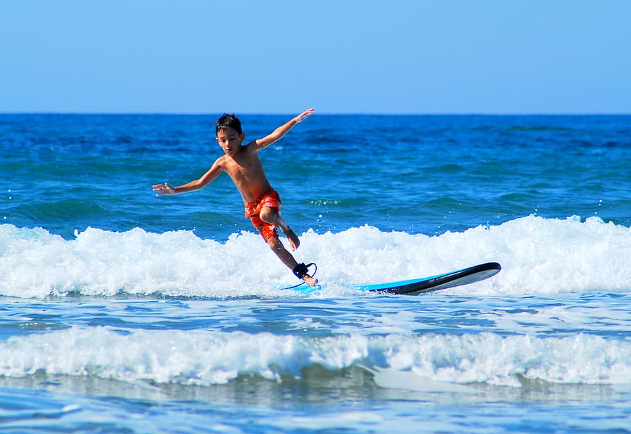 waves, surf, surfboard, happy, children, kids, surfing, sea HD wallpaper