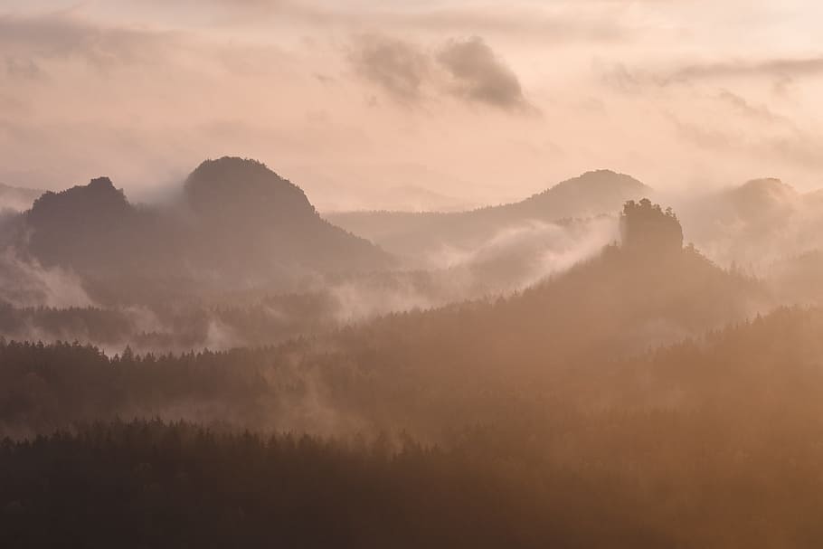 silhouette of mountain under white sky, cloud, dawn, fog, dusk HD wallpaper