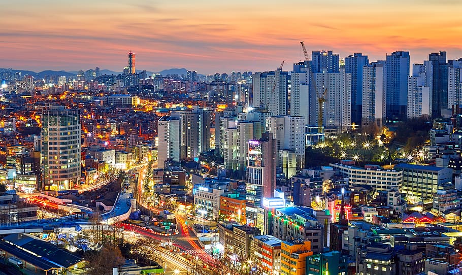 south korea, seoul, cityscape, long exposure, sunset, building exterior, HD wallpaper