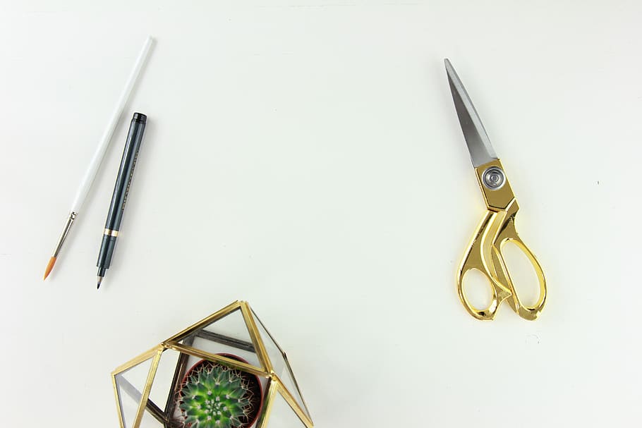 scissors near pen, gold colored, still life, no people, indoors HD wallpaper
