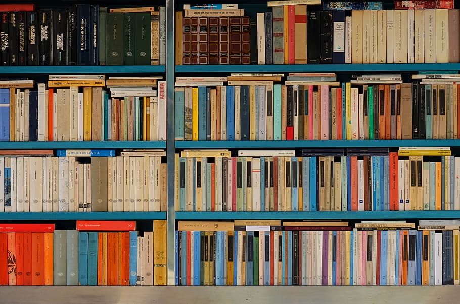 assorted-title pile of books on shelf, library, italy, indoors, HD wallpaper