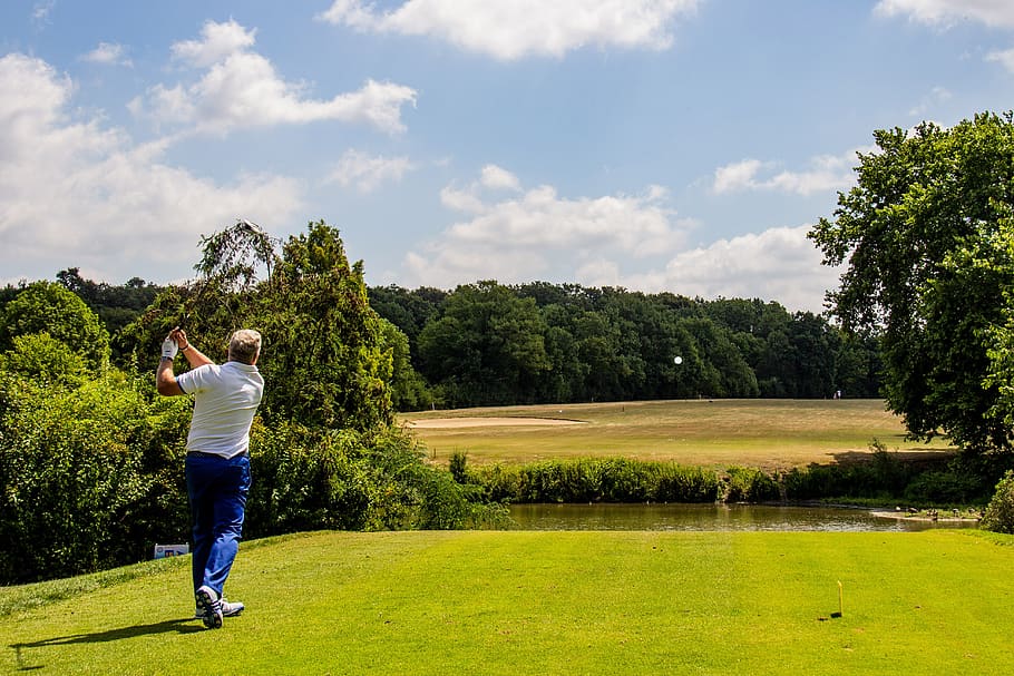 golf, tee, golfers, golf course, tree, plant, one person, leisure activity