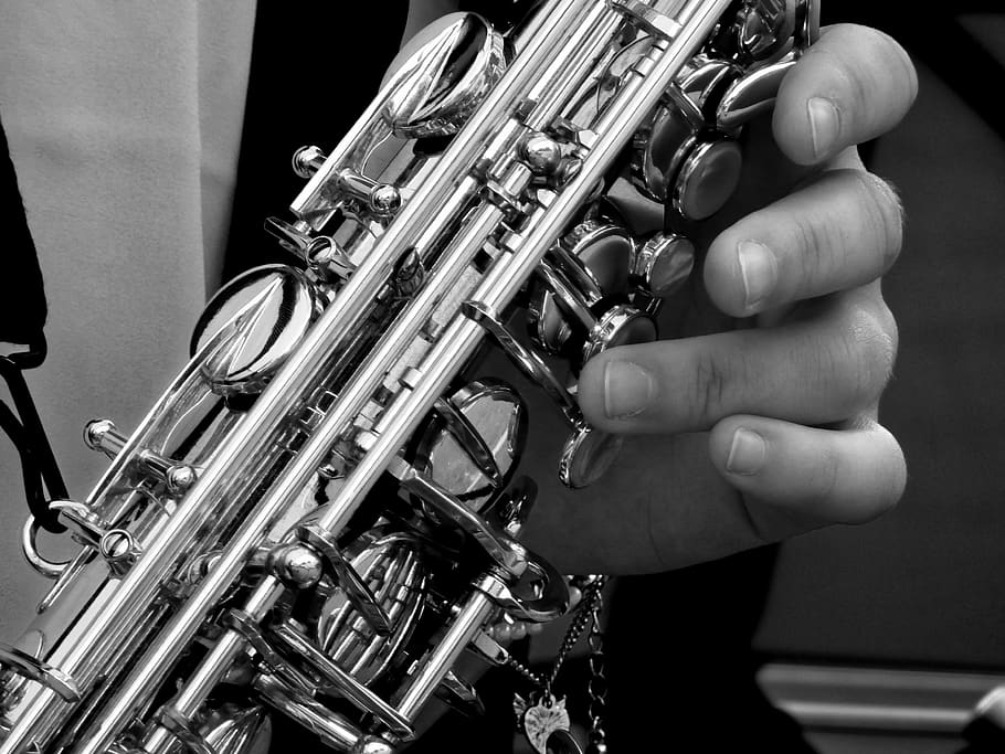 Person Holding Saxophone in Gray Scale Photography, black-and-white, HD wallpaper
