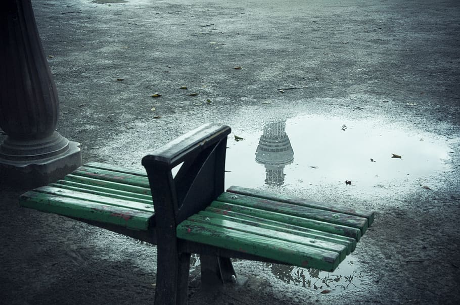 outdoor bench, japan, taitō, sumida park, water, puddle, rainy HD wallpaper