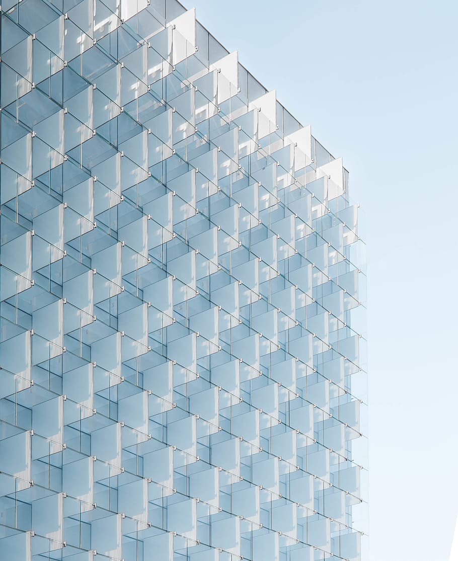 clear glass building, pattern, geometric shape, built structure HD wallpaper