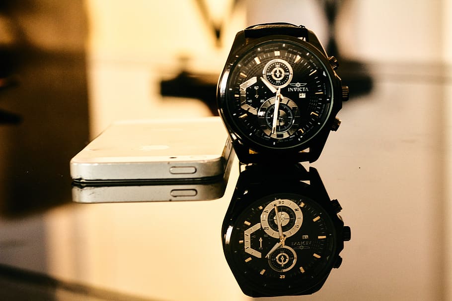 Black Chronograph Watch Besides Iphone on Table, blurred background HD wallpaper