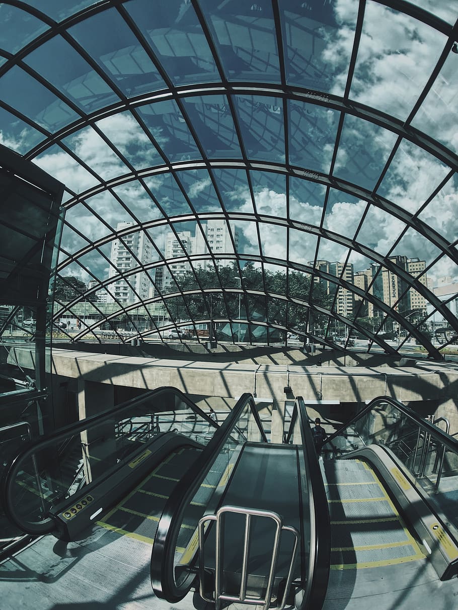 Glass Ceiling, architectural design, architecture, escalators HD wallpaper