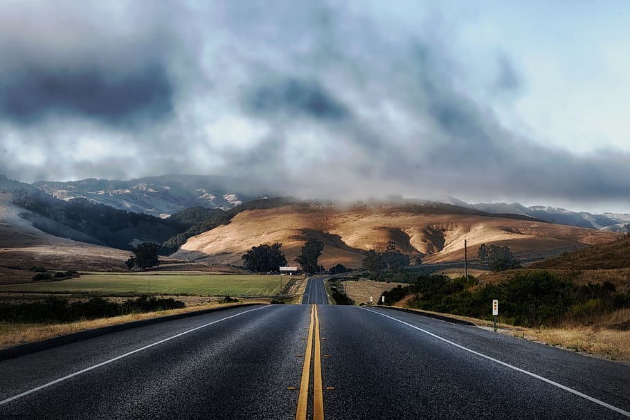Black Asphalt Road, clouds, HD wallpaper, landscape, nature, roadside HD wallpaper