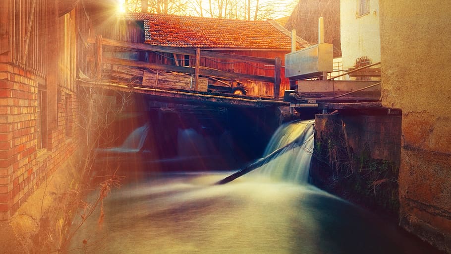 water, mill, landscape, building, old, river, run down, weathered HD wallpaper