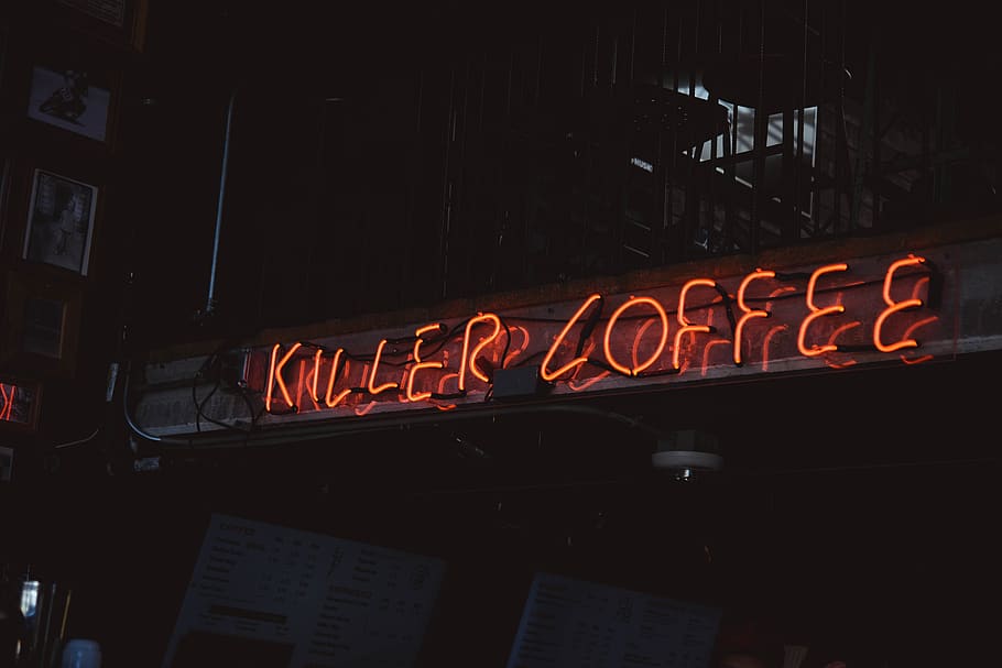 coffee, caffine, neon lights, neon sign, text, words, phrase, HD wallpaper