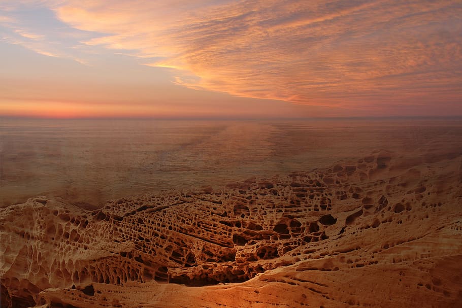 desert, panorama, sunset, landscape, dusk, sand, sky, travel HD wallpaper