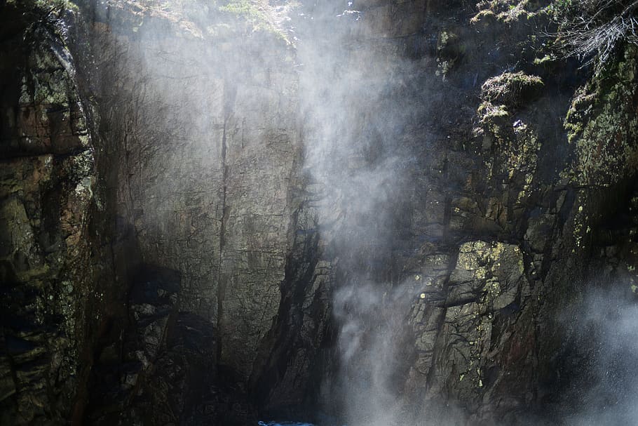 waterfall at daytime, nature, river, outdoors, mist, cliff, fog