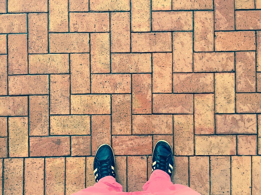 feet, bricks, ground, pattern, low section, human leg, standing HD wallpaper