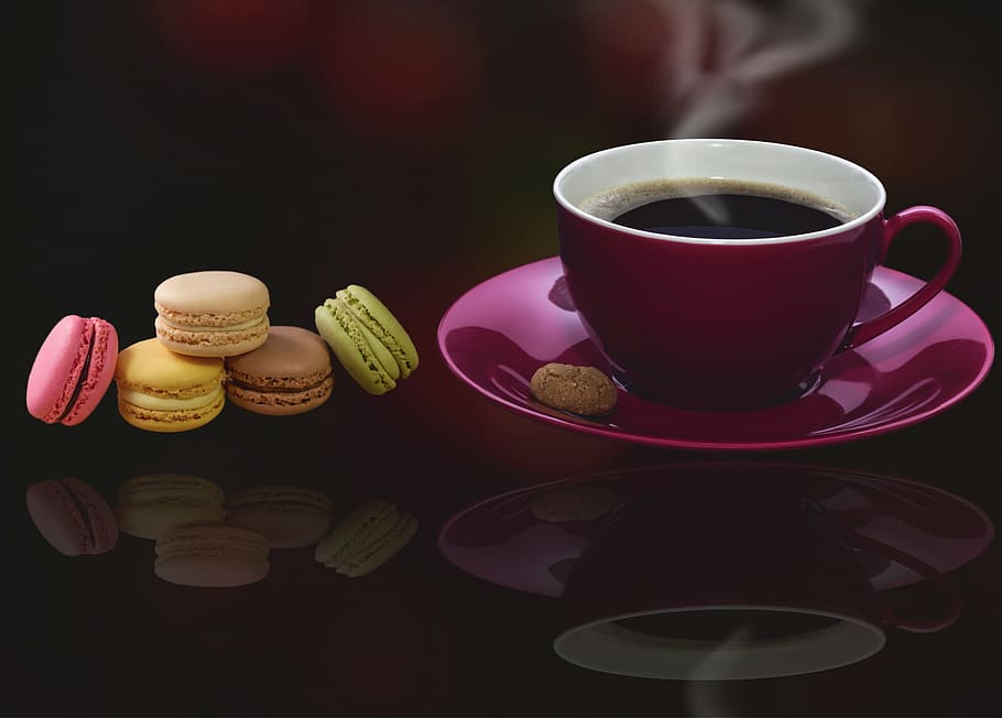 coffee, cup, red, mirroring, macarons, cake, biscuit, pastries HD wallpaper