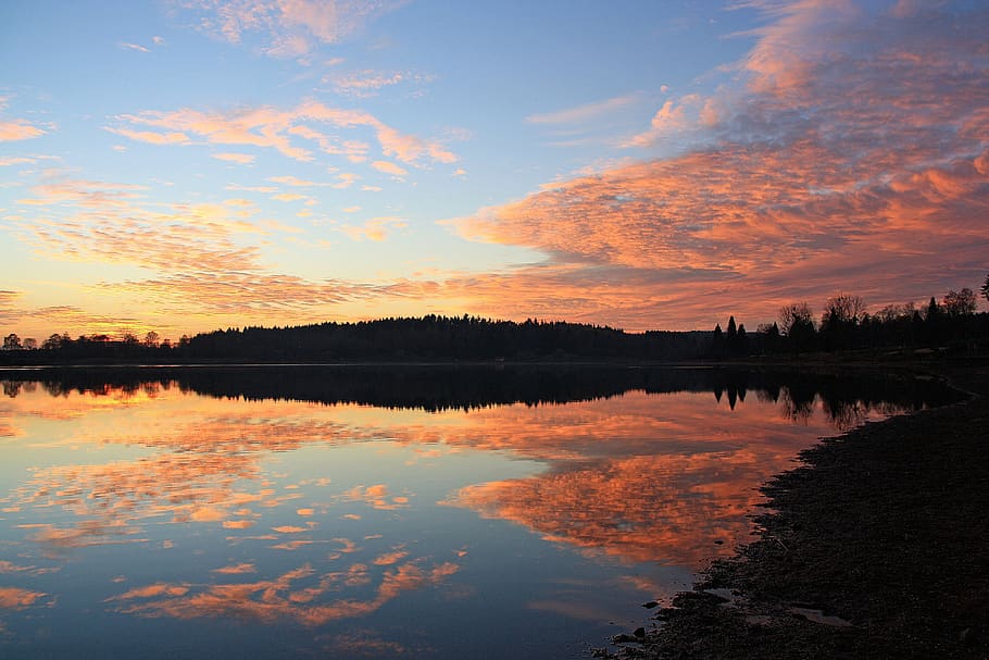 waters, reflection, lake, nature, clouds, sky, sunset, abendstimmung HD wallpaper