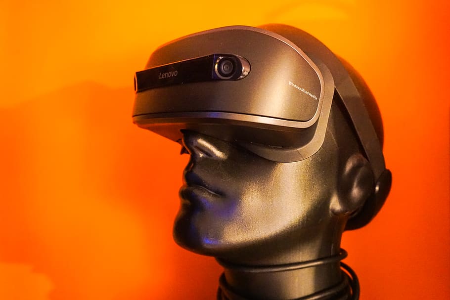 man with VR headset, orange color, colored background, technology HD wallpaper