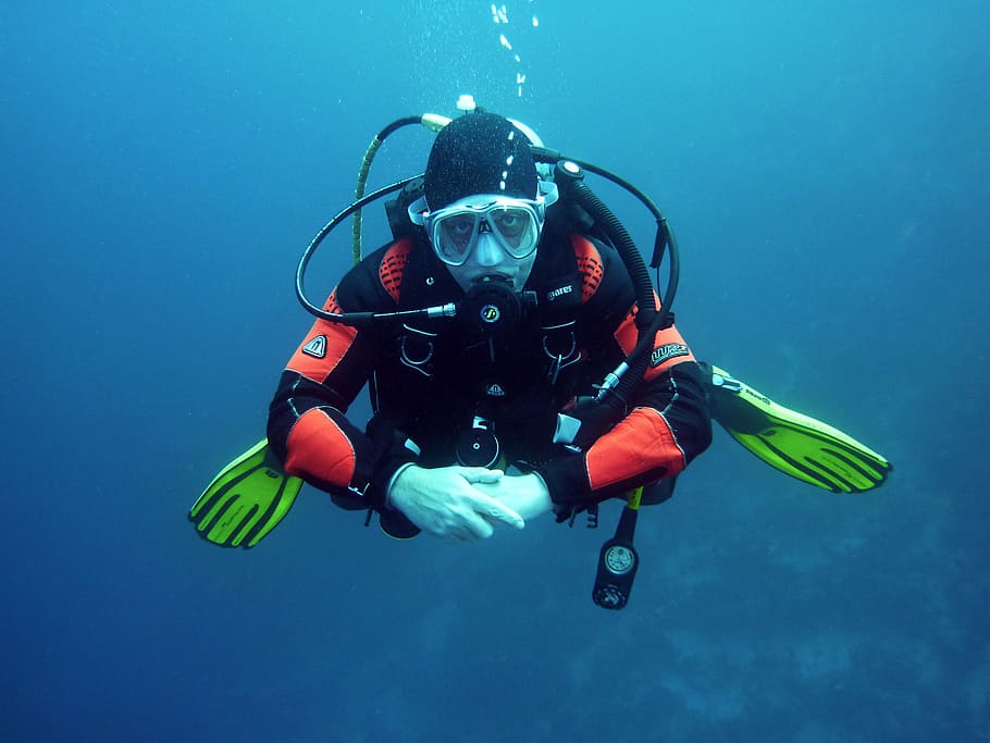 Human in Black Orange Swimming Suit in Blue Body of Water, deep HD wallpaper