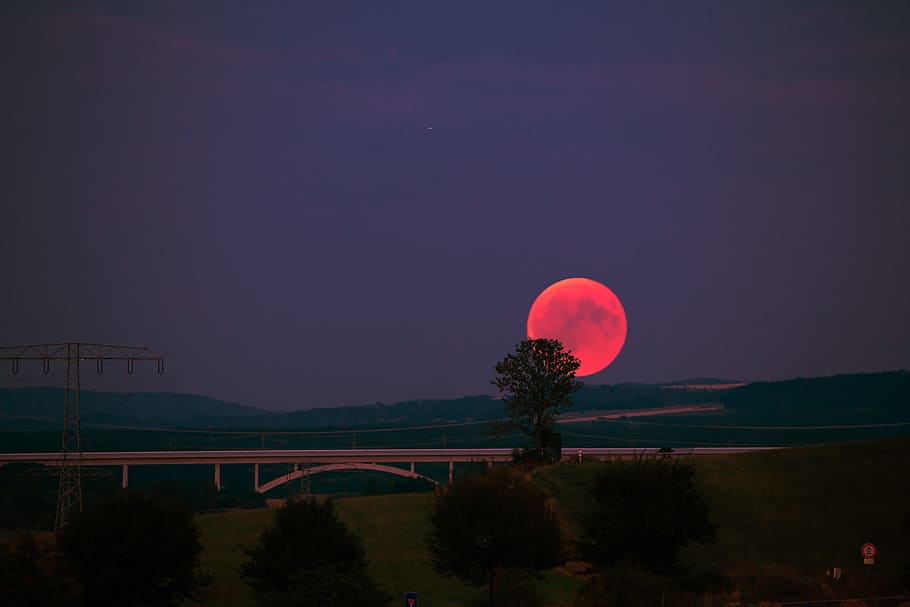 photo of eclipse, moon, night, bridge, sky, glow, red, blood moon