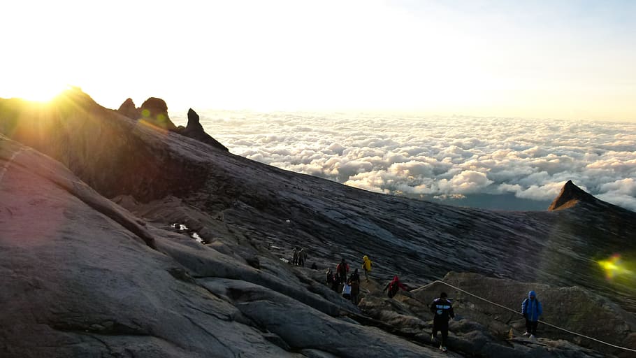 sky, clouds, sunlight, sunset, hiking, hikers, people, mountains HD wallpaper