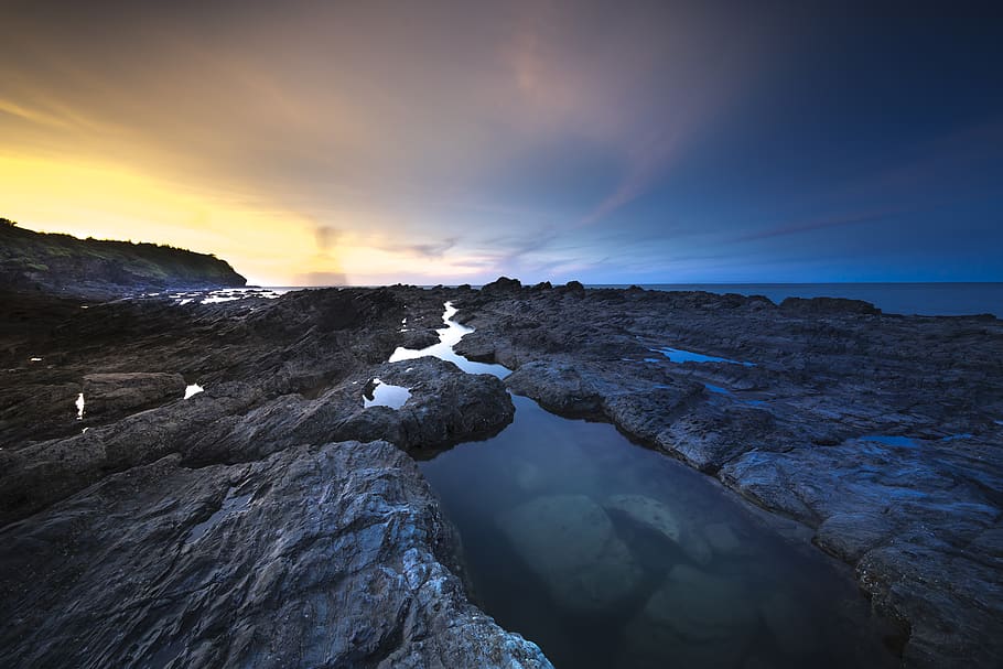 Black Rock Formation, backlit, dawn, dusk, evening, horizon, landscape HD wallpaper