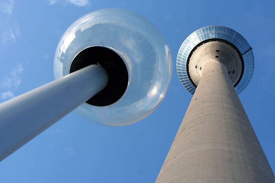 television tower, dusseldorf, lamp post, architecture, built structure HD wallpaper