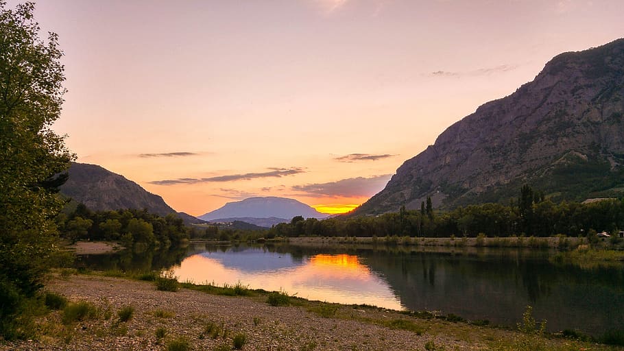 lake, sunset, water, sky, landscape, nature, sunrise, reflection HD wallpaper