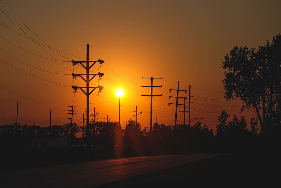 sun, sunset, sky, road, nature, orange, silhouette, electricity HD wallpaper