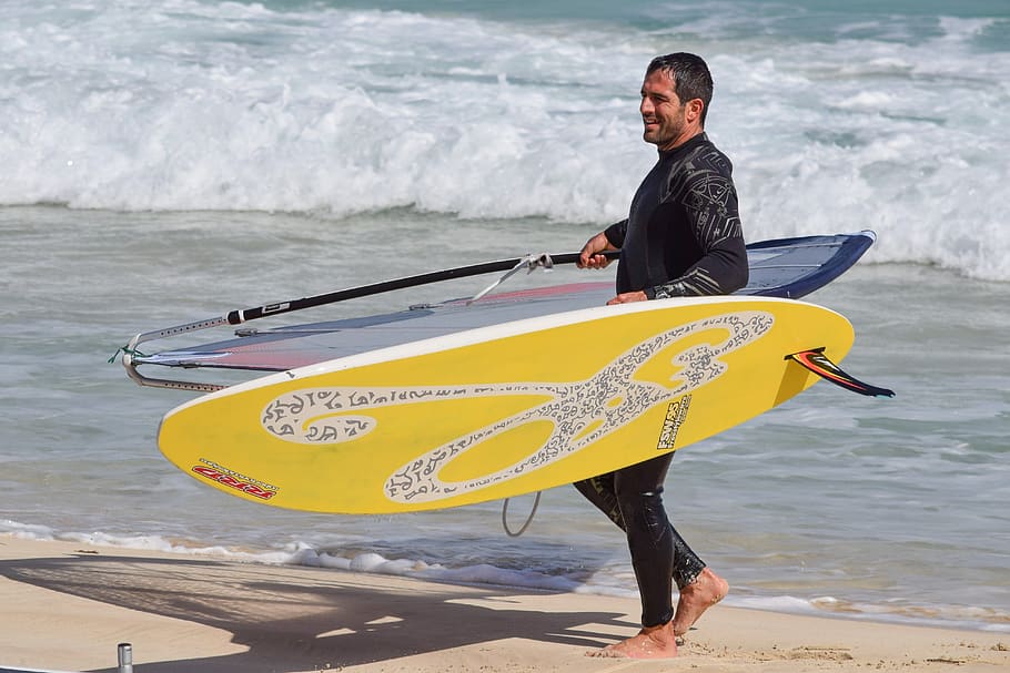 surfer, windsurfing, water, sea, beach, sport, leisure, recreation HD wallpaper