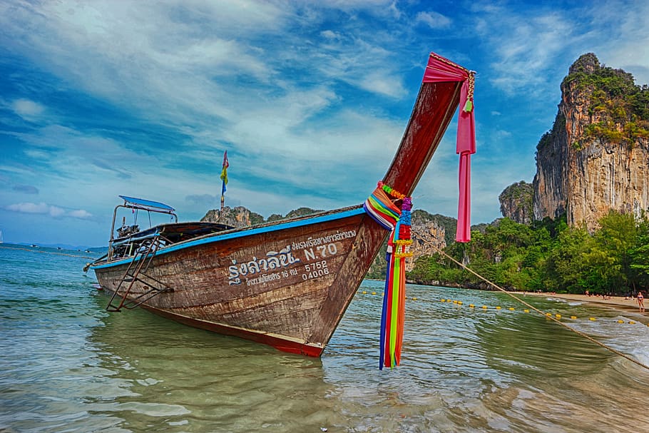 thailand, railay, krabi, paradise, beach, ocean, sea, boat