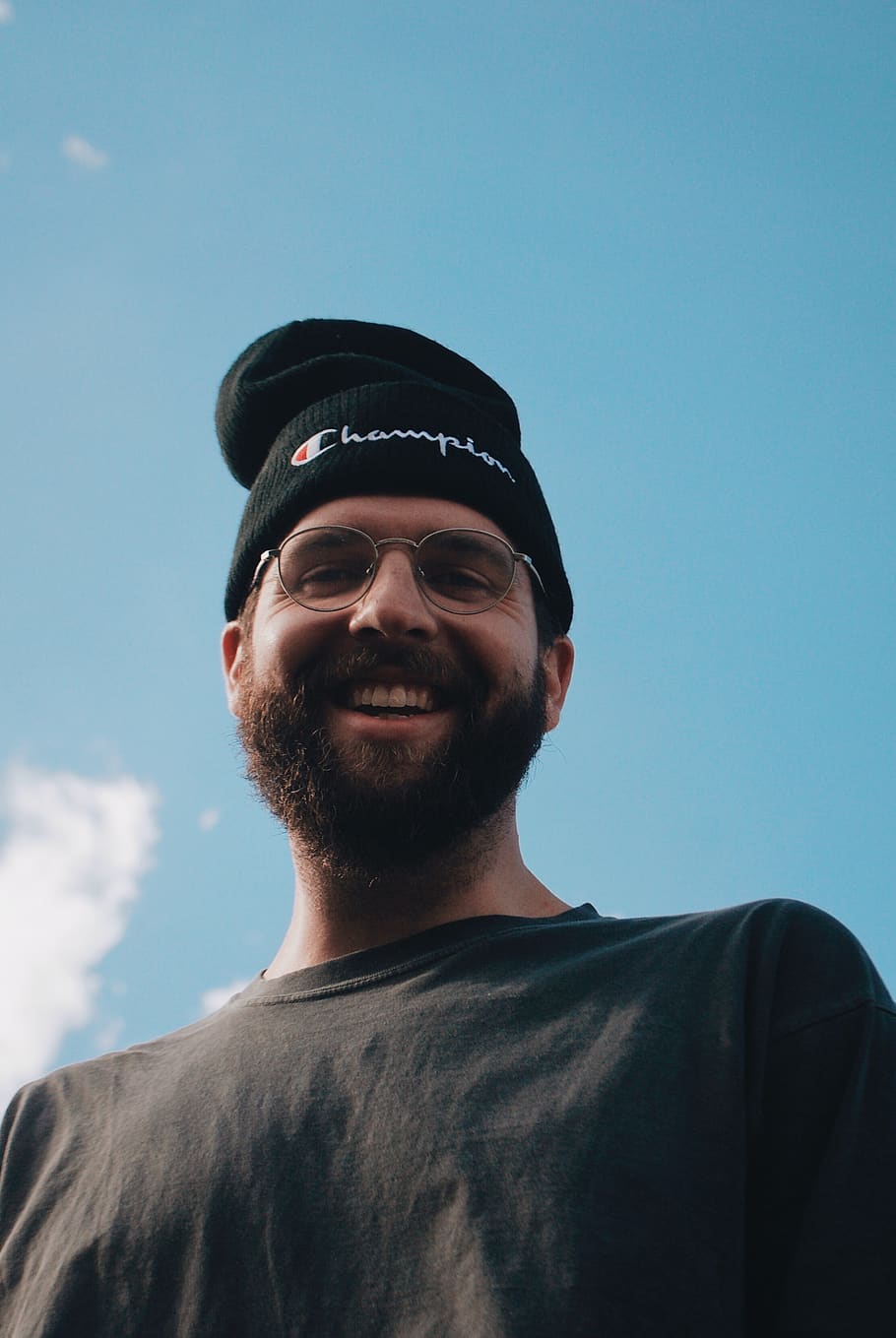 man smiling while looking down, sky, portrait, low angle view HD wallpaper