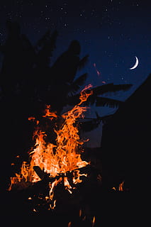 Bonfire Under Crescent Moon in the Sky, blaze, burn, burning HD wallpaper