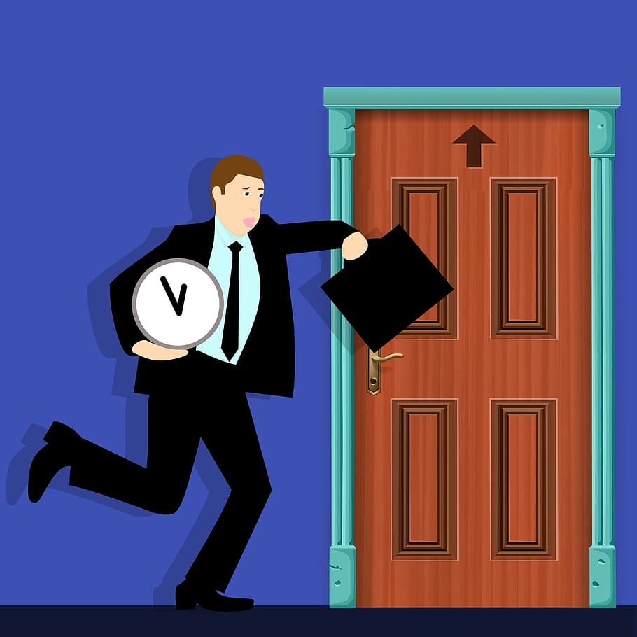 Illustration of man running for the door, late in business suit., HD wallpaper