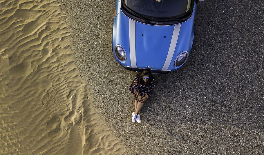 Woman Leaning on Car, adventure, daylight, desert, dji, drone, HD wallpaper