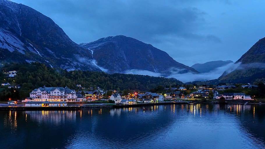 norway, fjord, dawn, mountain, hardanger, eidfjord, snow, clouds