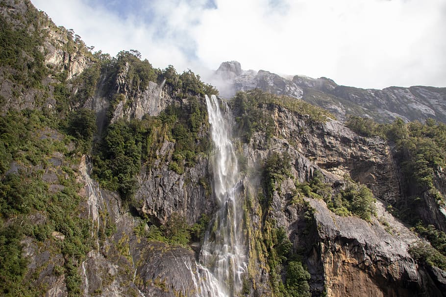 Waterfall Surrounded by Trees, cliff, clouds, daylight, daytime HD wallpaper
