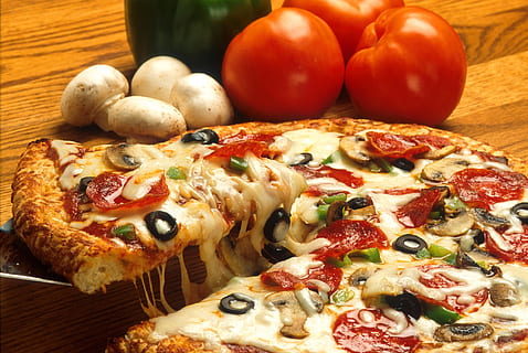 Mozzarella Pizza Beside Mushrooms and Tomatoes, cheese, delicious HD wallpaper