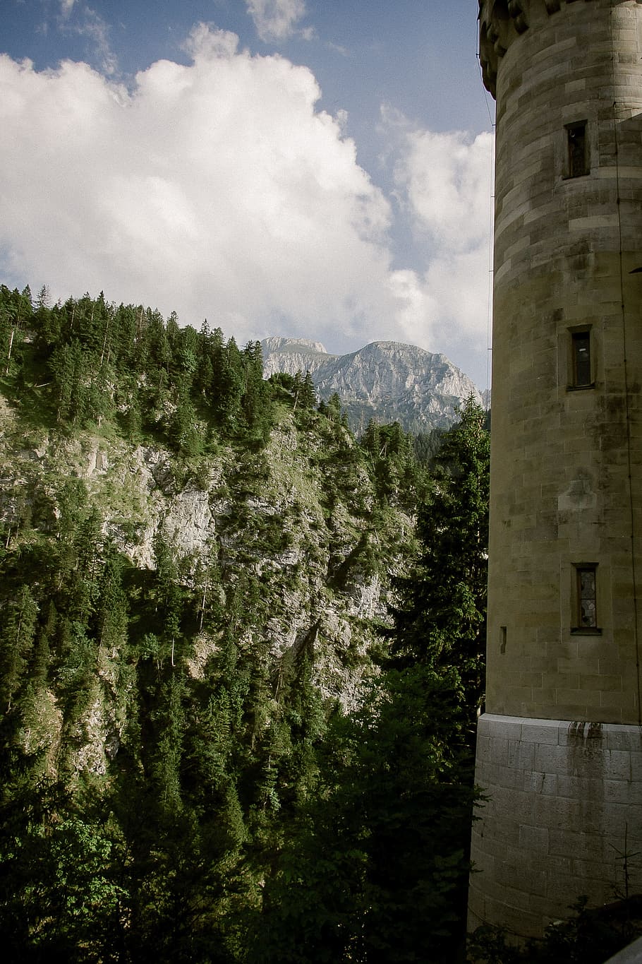 Bavarian landscape and a tower of castle Neuschwanstein, alpine
