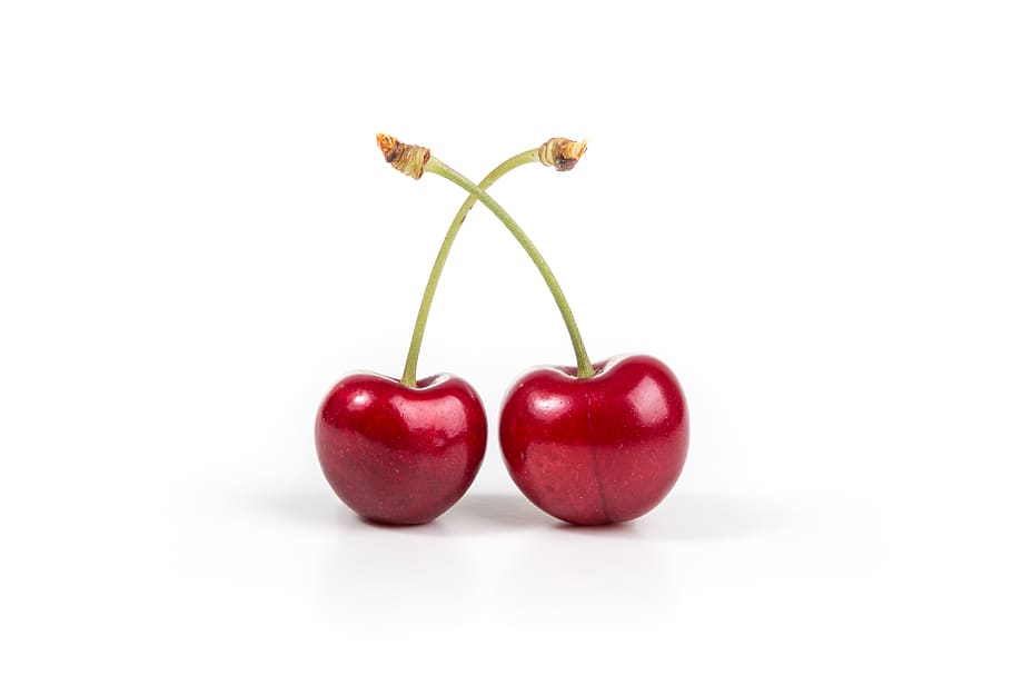 two cherries on white surface, food and drink, healthy eating HD wallpaper
