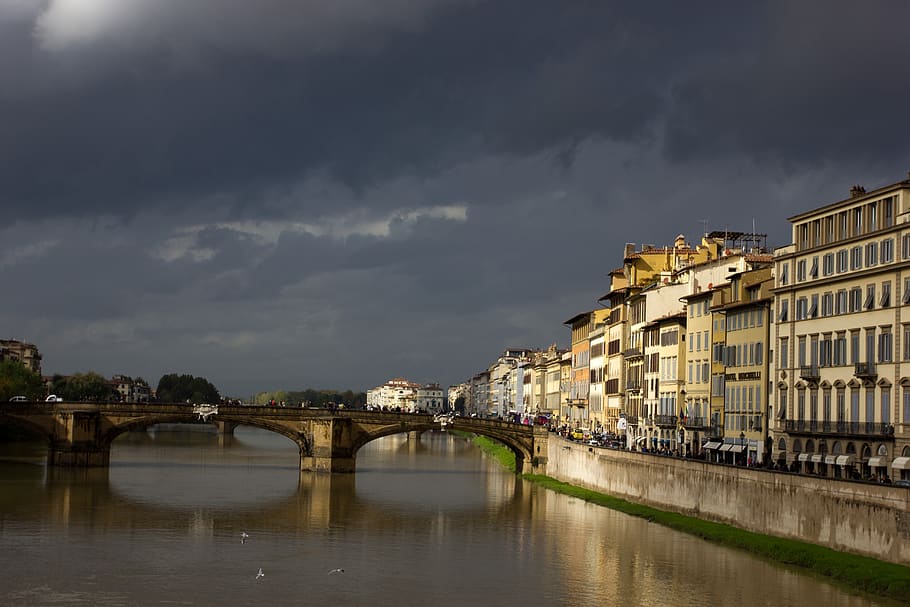 italy, bridge, river, building, channel, sky, architecture HD wallpaper