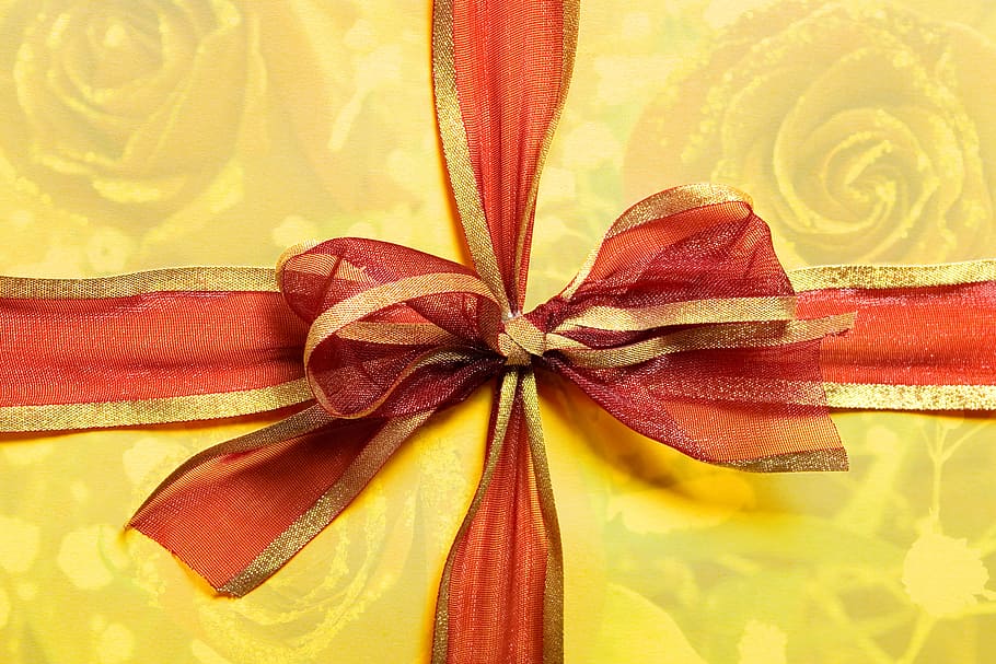 gift, bow, nobody, package, present, red, ribbon, tape, tie HD wallpaper