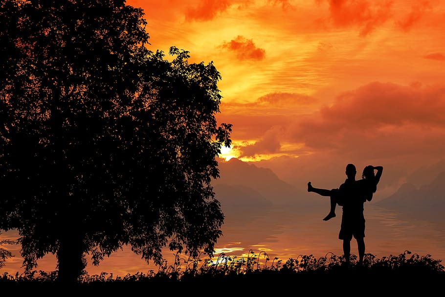 love, couple, silhouette, sunset, romantic, together, romance, HD wallpaper