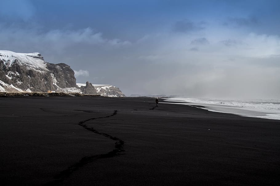 beach, sand, shore, ocean, sea, waves, sky, clouds, rocks, cliffs HD wallpaper