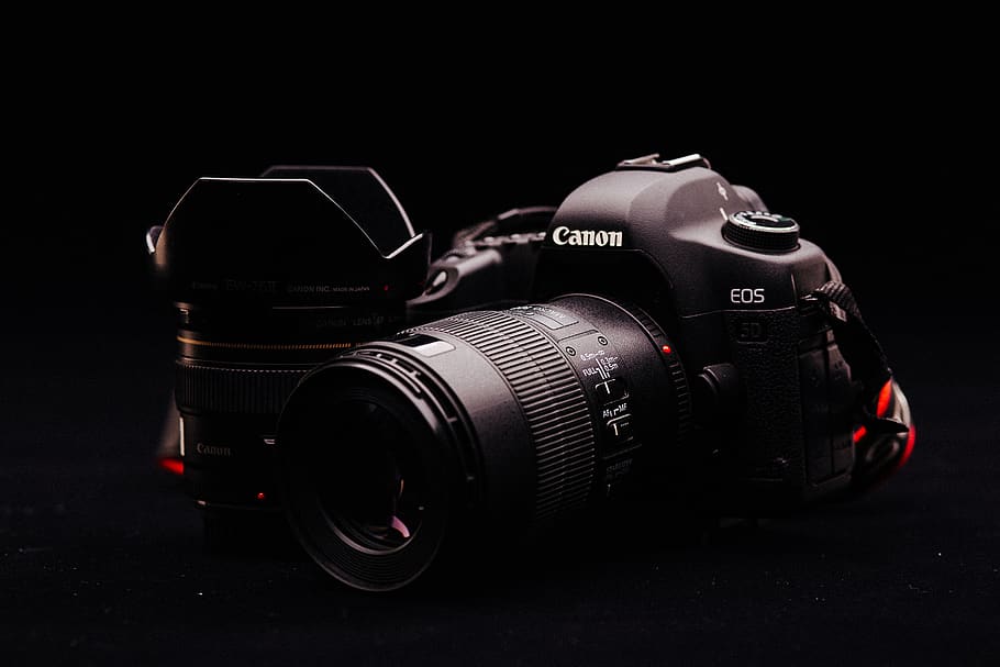 canon camera, black, black background, camera lens, close-up HD wallpaper