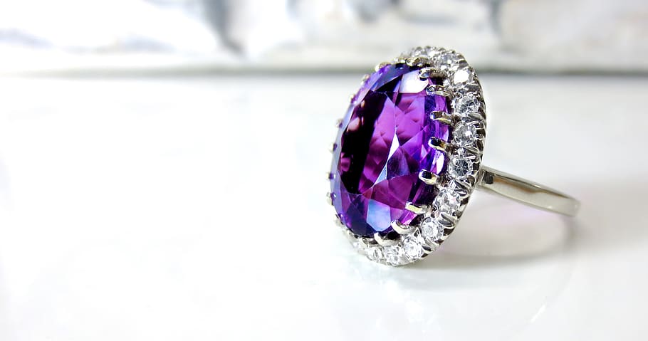 Ring on White Surface, accessory, amethyst, birthstone, bright