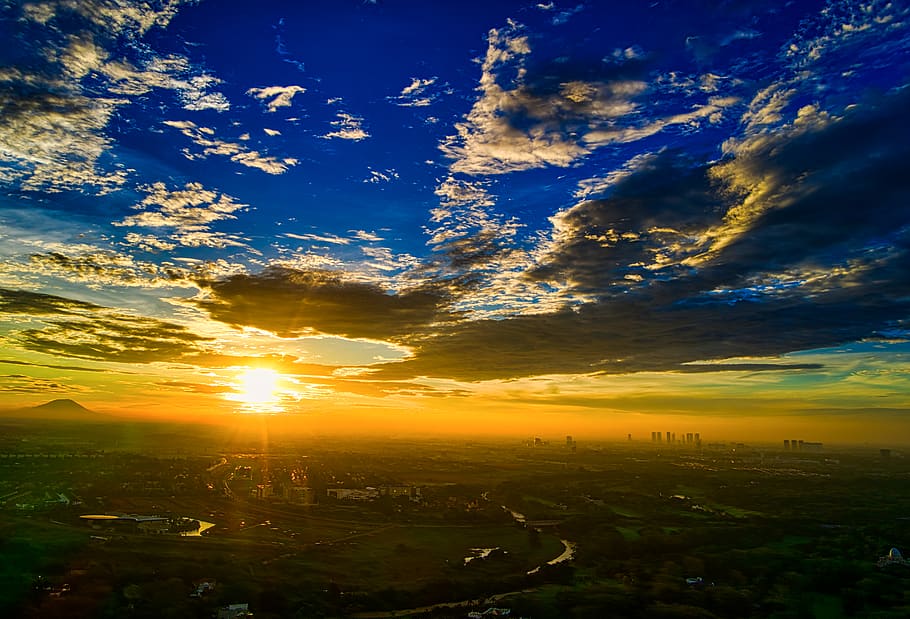 Sunset, aerial shot, dawn, drone shot, dusk, indonesia, sky, sunrise, HD wallpaper