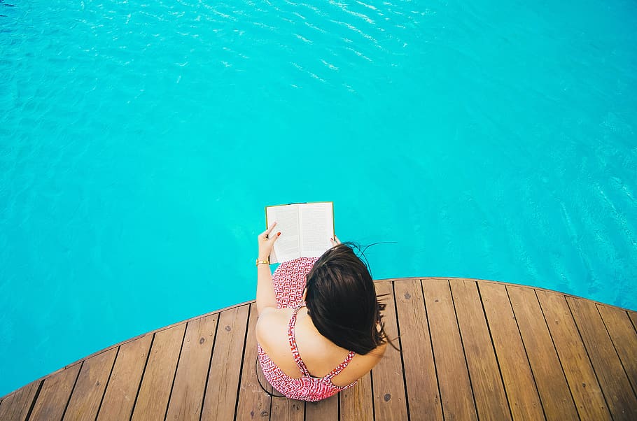 swimming, pool, blue, water, wooden, people, girl, woman, reading